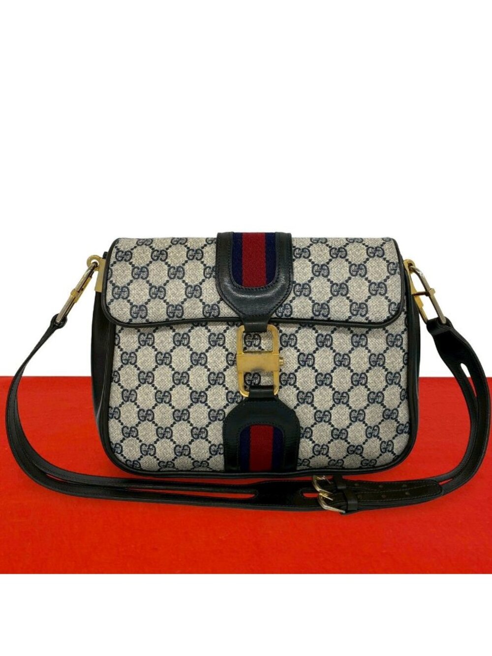 Gucci Vintage Sherry Line GG Logo Pattern Leather Shoulder Bag Pochette Navy